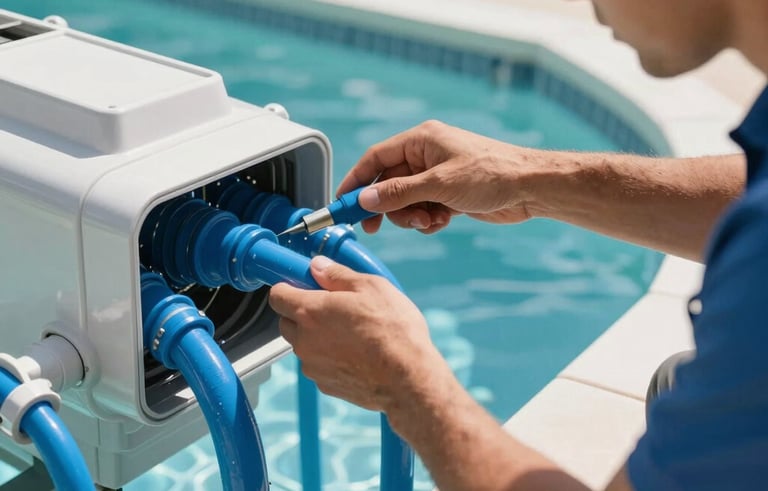 A technician's hands inspecting modern residential pool filtration equipment, clear blue pipes, bright daylight, North American / South Florida setting, professional vibe.