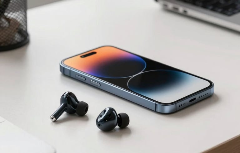 High-end photography of a modern, sleek smartphone and wireless noise-canceling earbuds placed on a clean minimalist desk in a South American office setting, bright and natural daytime lighting, orange highlights