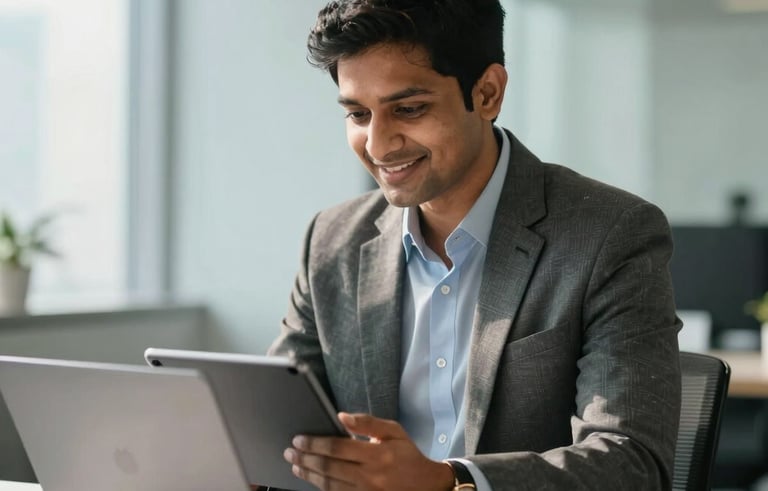 A professional South Asian financial consultant in a modern, sunlit office in Mumbai, sitting at a clean desk with a laptop, looking at a tablet with a focused and helpful expression. The background features soft architectural lines and light blue and white interior tones.