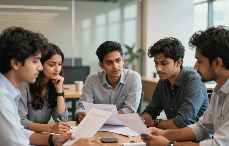 A group of young South Asian entrepreneurs in a sleek Bangalore office space, having a meeting around a wooden table. They are looking at professional documents with expressions of clarity and confidence. The lighting is warm and the room is bright.