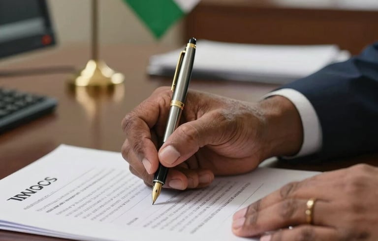 Close-up of South Asian hands holding a fountain pen, signing official-looking business documents on a high-quality desk. A small Indian flag is subtly visible in a desktop stand in the soft-focus background, suggesting corporate compliance.
