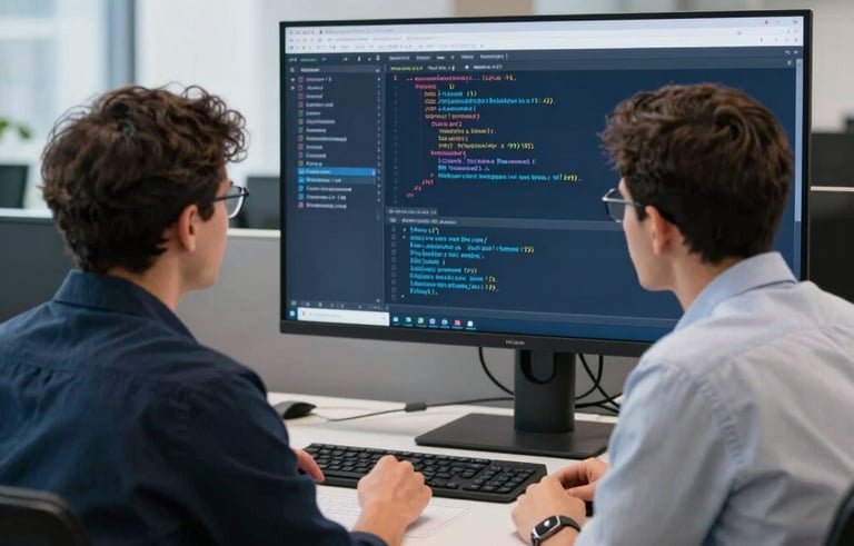 Two professional developers in a modern North American technology firm collaborating over a large widescreen monitor showing complex web code. The lighting is bright and clean with navy blue and light blue design accents.