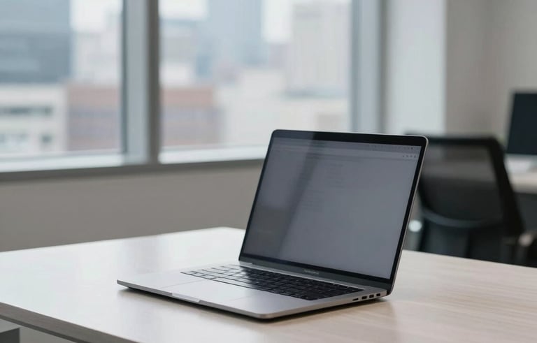 A professional workspace in a North American corporate office featuring a sleek, thin laptop on a polished white oak desk, with natural window light illuminating a clean and minimalist environment. The background shows a soft-focus urban skyline through glass panes.