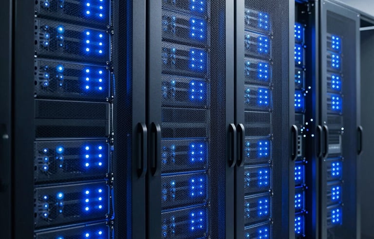 A sophisticated technology server room in North America with rows of modern server racks. The lighting is dominated by pale blue and navy blue glowing indicators, conveying innovation, high performance, and high-level security.