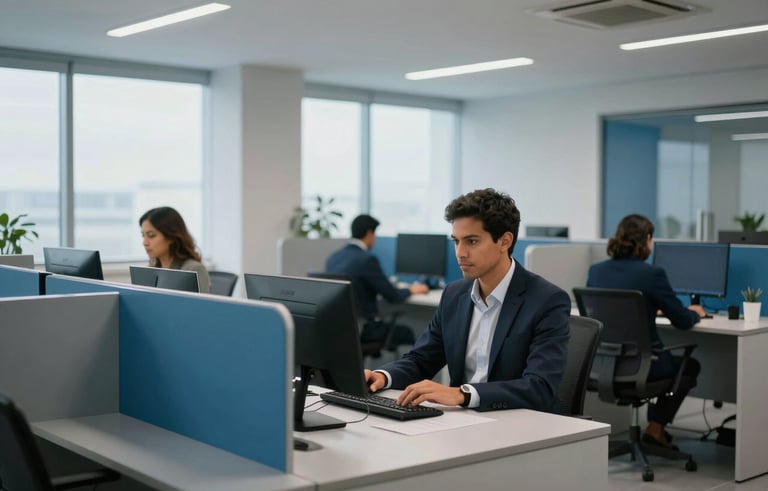 Wide photography of a high-tech customer success center. Professional South American / Brazilian agents are working at sleek workstations. The atmosphere is calm, efficient, and modern, using clean light grey and medium blue accents. Soft natural lighting through large windows.