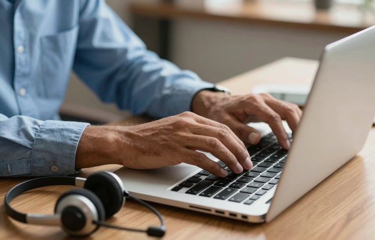 Close-up photography of a professional's hands typing on a laptop with a headset resting nearby on a clean, wooden desk. South American / Brazilian setting, warm but professional interior lighting. Palette of medium blue and light blue.