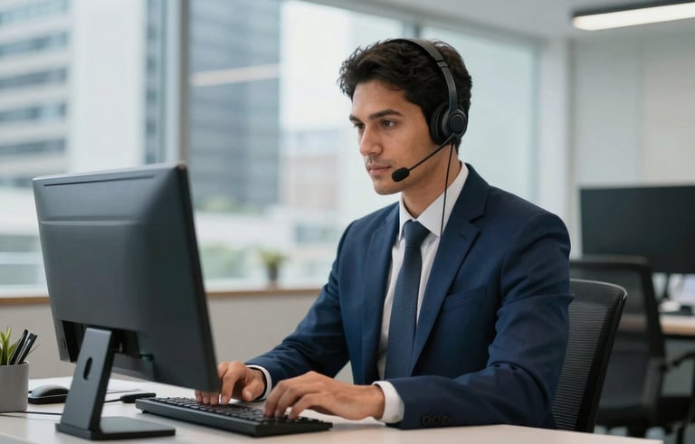 Photography of a modern and clean office environment in a South American Brazilian business district. A professional attendant is focused, wearing a high-quality headset, in a workspace featuring a palette of dark blue and light grey. The lighting is bright and professional, suggesting efficiency.