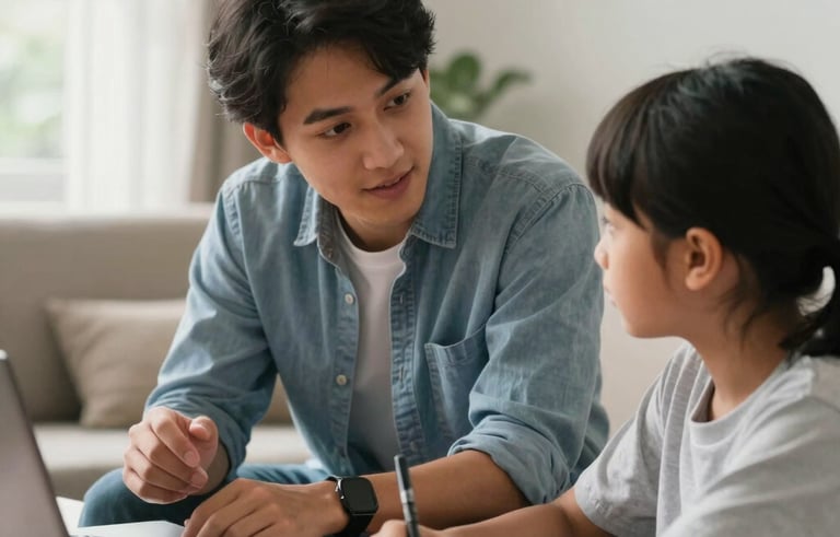 Clean and professional photography of a tutoring session in an Indonesian living room, a young teacher explaining to a student, soft natural morning light, emphasizing a helpful and educational atmosphere, high quality photography.