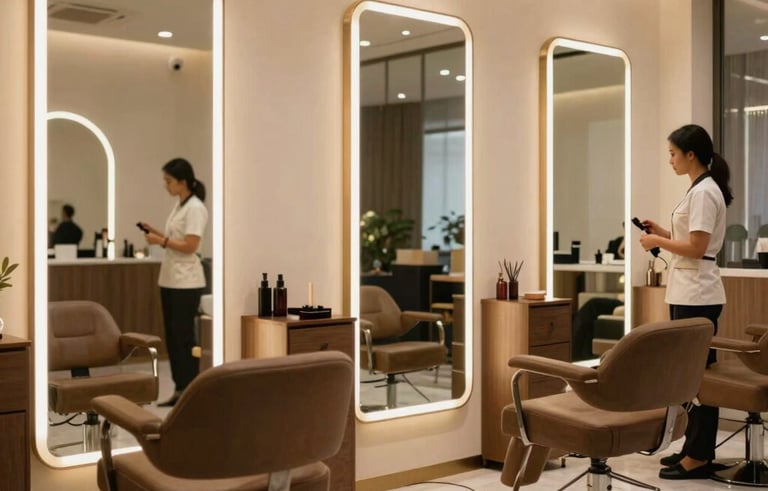 Elegant photography of a modern Indonesian beauty salon interior, stylish mirrors, comfortable chairs, warm boutique lighting, professional stylist in clean uniform visible in soft focus, high-end commercial style.