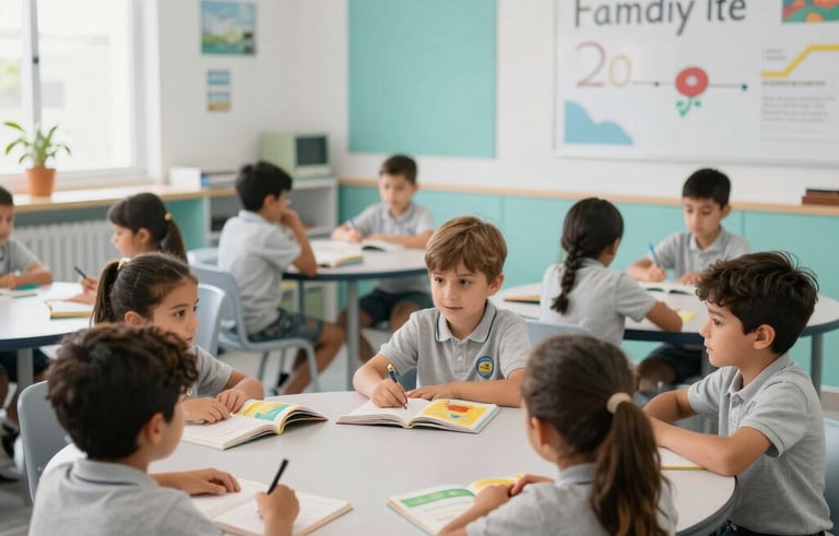 A lively classroom in Canary Islands, Spain with young children enjoying an interactive English lesson, seated at round tables with colorful books, bright natural lighting, modern school decor, light grey and white tones with subtle turquoise accents.