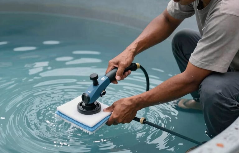 Professional photography of a Southeast Asian / Indonesian worker using specialized cleaning equipment inside a clean water reservoir. The lighting is crisp, highlighting the cloudy blue and slate gray colors of the clean environment.