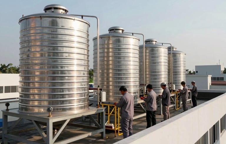 Wide angle architectural photography of a commercial building rooftop in Indonesia, showing a series of stainless steel water tanks. A professional team in slate gray uniforms is performing a maintenance check. The lighting is bright morning sun.