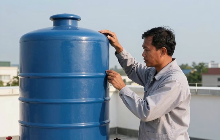 A professional Southeast Asian / Indonesian technician wearing a light gray uniform while inspecting a blue domestic water tank on a sunny rooftop. The composition is a medium shot with a clear sky in the background, conveying reliability. Natural daylight with soft white and steel blue tones.