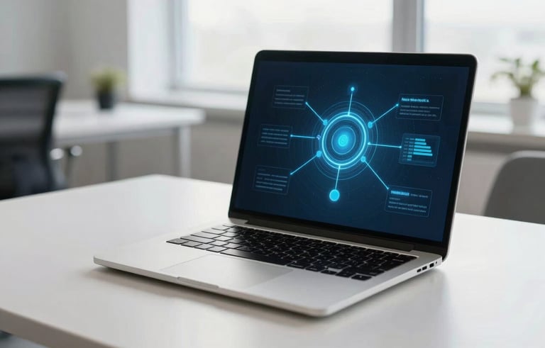 A high-end laptop on a minimalist desk in a bright German office, showing a clean interface with light blue data nodes connecting. The style is professional and innovative, with soft morning light.