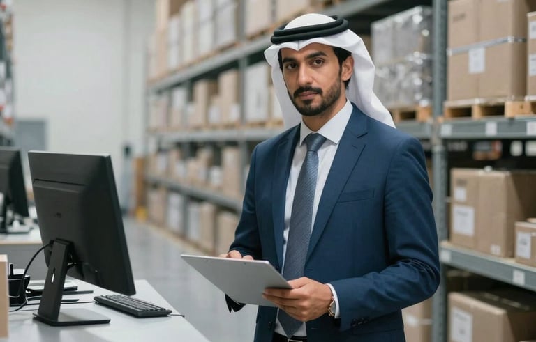 Professional photograph of a business manager in a clean, modern distribution center in the Middle Eastern / Gulf region, focusing on organized logistics and supply chain efficiency, slate blue and medium gray color palette.