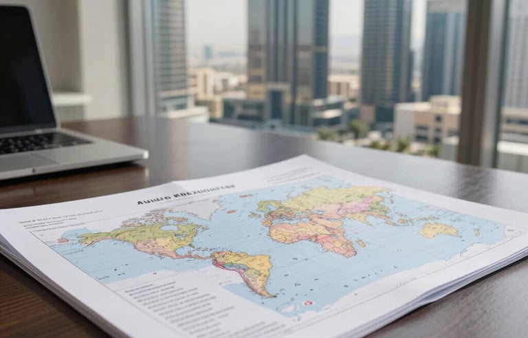 A high-end photography shot of a professional office desk with trade documents and a world map in a modern Ajman skyscraper, Middle Eastern / Gulf architectural details in the background, bright natural lighting, conveying global reach and reliability.