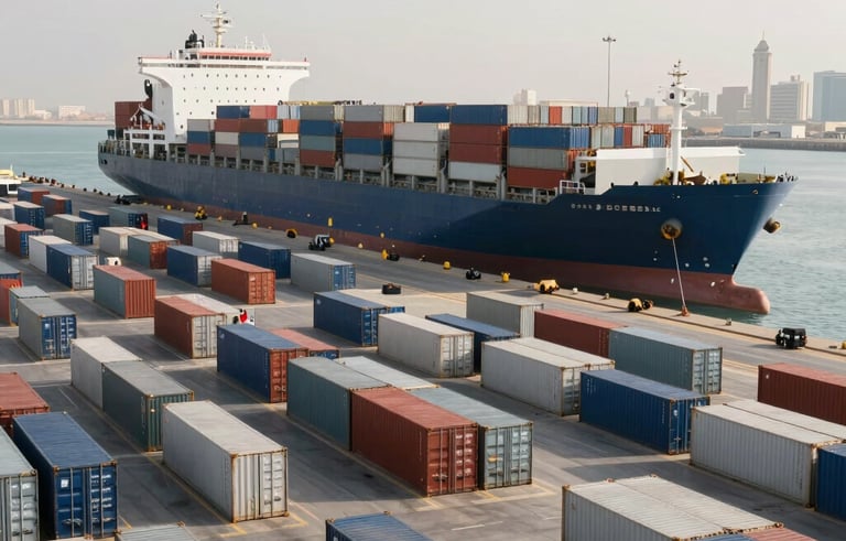Wide-angle photography of a bustling commercial port in Ajman, Middle Eastern / Gulf setting, massive cargo ships, neat rows of steel containers, bright morning light, professional and authoritative atmosphere, utilizing light gray and deep blue tones.