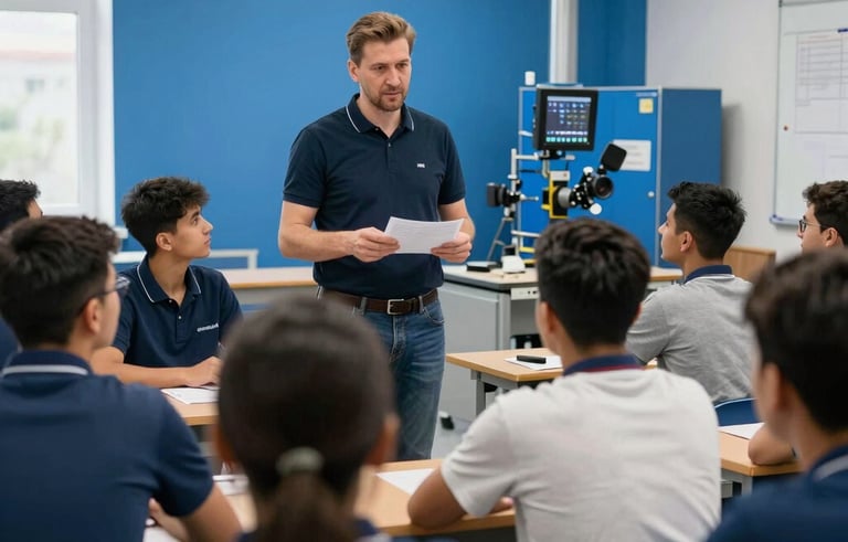 A vocational training classroom in Serbia where an Eastern European supervisor is explaining safety protocols to a small group of Southeast Asian workers. The room is bright with Alice Blue walls and professional Steel Blue equipment. Eastern European / Balkan, with South Asian / Southeast Asian focus.