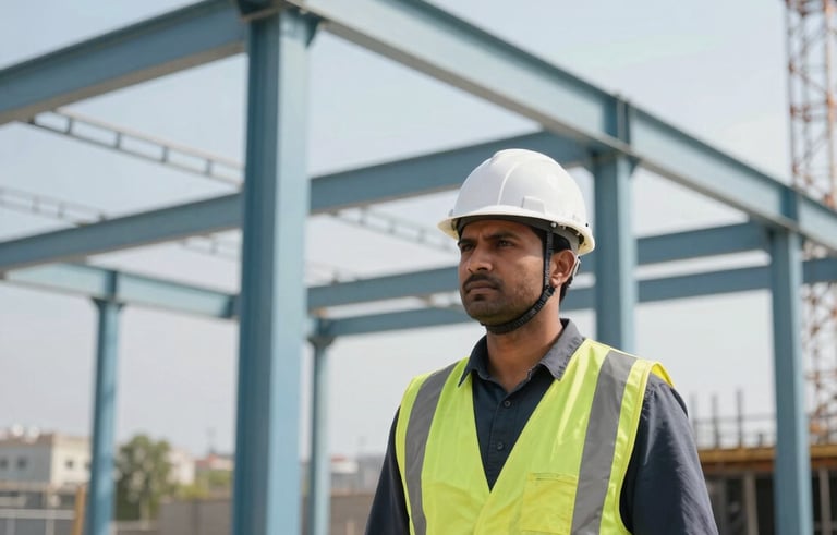 A professional wide shot of a South Asian construction worker in high-visibility gear and a white hard hat on a modern urban construction site in Belgrade, Serbia. Daylight illuminates the scene, highlighting clean Steel Blue and Silver tones of the architectural framework. Eastern European / Balkan, with South Asian / Southeast Asian focus.