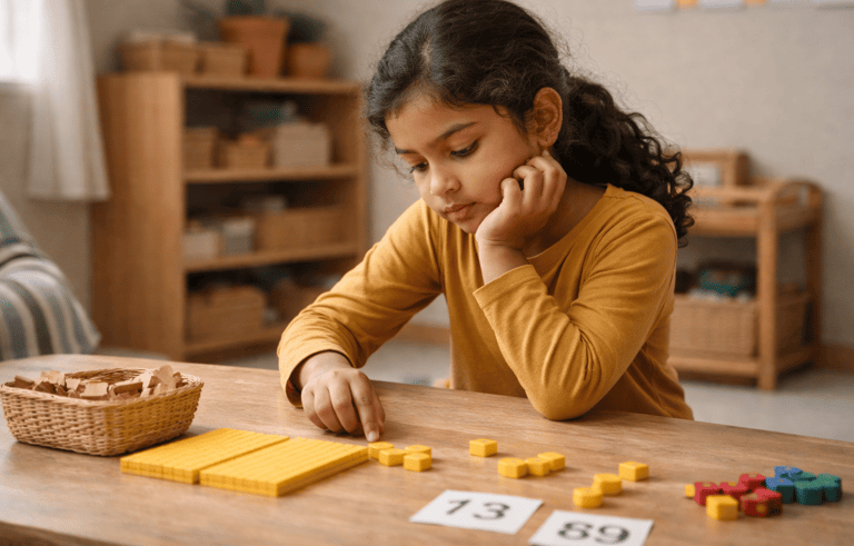 a girl focused-on-learning-with-base-ten-blocks-png