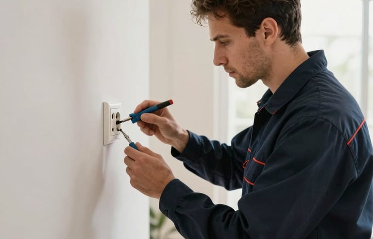 A professional electrician in a clean dark navy uniform fixing a wall socket in a bright, modern Portuguese apartment. Soft natural light, focus on precision, tools in hand. Brand palette colors deep blue and off-white are prominent.