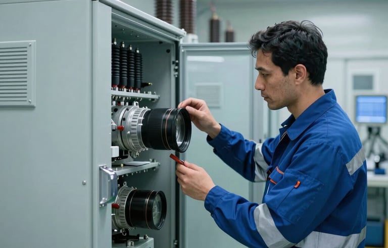 A technician inspecting a large power distribution unit in a clean industrial facility in Portugal. Safety equipment visible, professional lighting, reflecting reliability and safety. Deep blue and light blue color scheme.