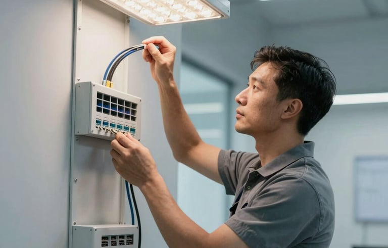 An electrician working in a stylish European office building, checking high-end LED lighting systems and networking cables. Professional, modern, and clean aesthetic with pale blue and grey tones.