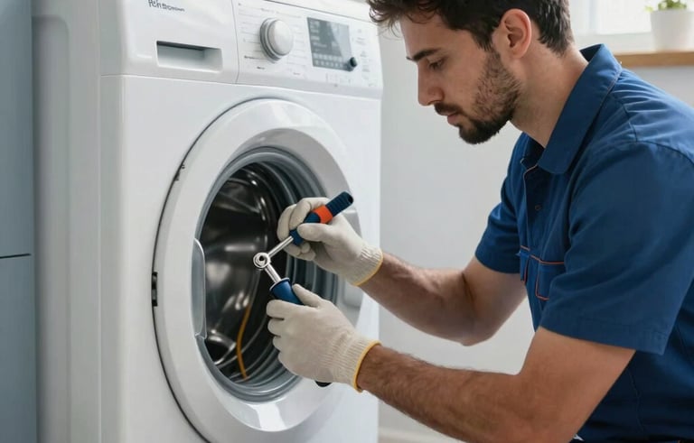A technician using specialized tools to repair a front-loading washing machine in a contemporary laundry room. The composition is clean and focused, showing professional workmanship. Lighting is bright and trustworthy. Muted blue and white color scheme. Middle Eastern / Gulf home interior.
