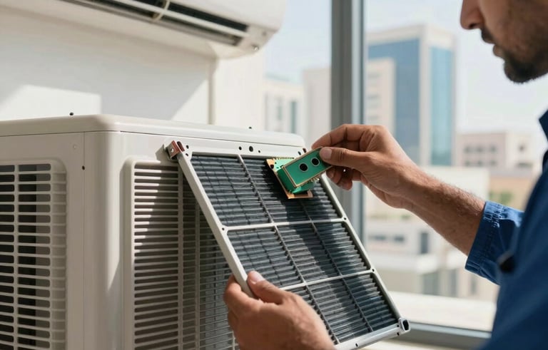Close-up photography of a skilled repairman cleaning the filters and checking the electrical components of a split air conditioning unit. Bright, clear daylight with a view of Sharjah's modern architecture through the window. Professional blue and gray tones. Middle Eastern / Gulf context.