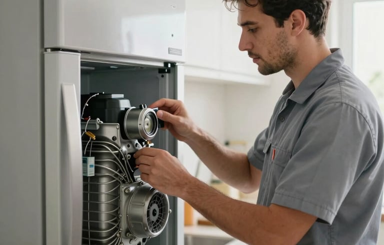 A professional technician in a clean uniform inspecting the compressor of a modern refrigerator in a bright, high-end residential kitchen in Al Majaz, Sharjah. The lighting is soft and natural, emphasizing a trustworthy and efficient atmosphere. The color palette features light gray and muted blue-gray tones. Middle Eastern / Gulf setting.
