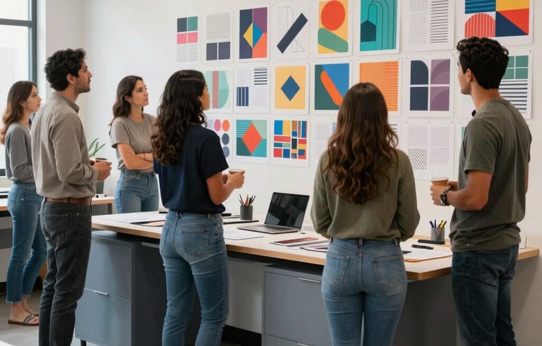 A group of professional Latinoamericano / Hispano designers in a collaborative studio with blue grey furniture, looking at a wall of vibrant content drafts, high-quality photography, bright and airy lighting.