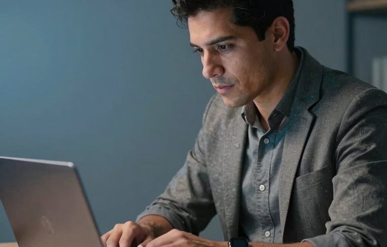 A focused Latinoamericano / Hispano male expert analyzing social media engagement metrics on a laptop in a minimalist workspace, steel blue accents in the background, professional and efficient mood.