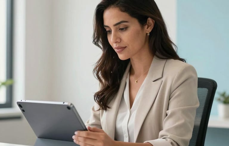 A professional Latinoamericano / Hispano woman managing a digital social media calendar on a sleek tablet, sitting in a modern office with off-white walls and light blue decor, clean lighting, professional atmosphere.