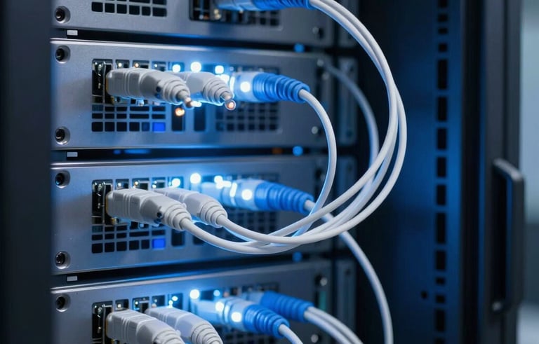 A close-up of high-speed servers and fiber optic cables glowing in a North American data center with deep blue and white lighting. Professional, enterprise-level technology atmosphere. Sharp, clean, premium photography.