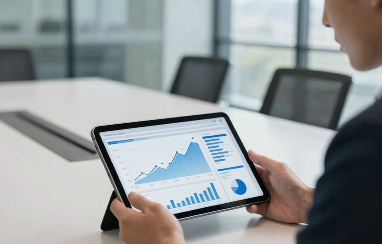 A minimalist North American boardroom where an executive is looking at a tablet showing a complex business growth dashboard. The interface features pale steel blue and muted sky blue accents. Soft natural light, modern glass architecture, professional aesthetic.