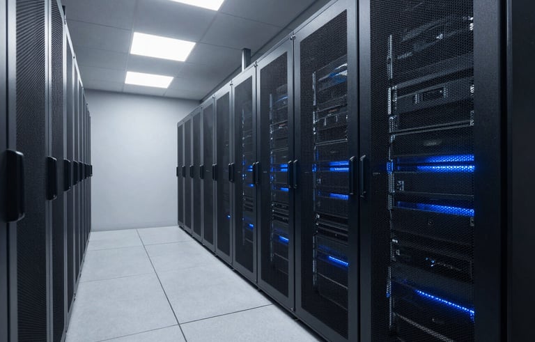 A high-end, minimalist photography of a modern North American data center hallway with sleek server racks and subtle blue ambient lighting, representing high-tier digital infrastructure.