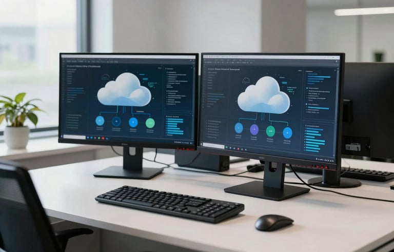 Clean, professional photography of a modern North American corporate office desk featuring high-end monitors showing cloud architecture diagrams, with soft daylight and a minimalistic aesthetic.