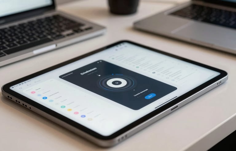 A close-up photography of a professional workstation in a bright North American tech hub, focusing on a tablet displaying a sleek mobile application interface, emphasizing custom development.