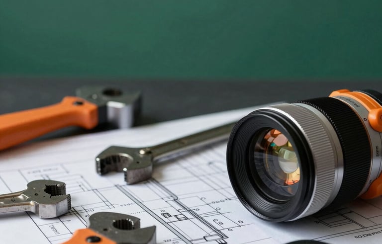 Close-up of professional construction tools and technical blueprints on a dark surface, symbolizing bespoke engineering solutions. Minimalist and technical aesthetic, precise lighting, featuring a forest green accent in the background. Professional Baltic construction context.