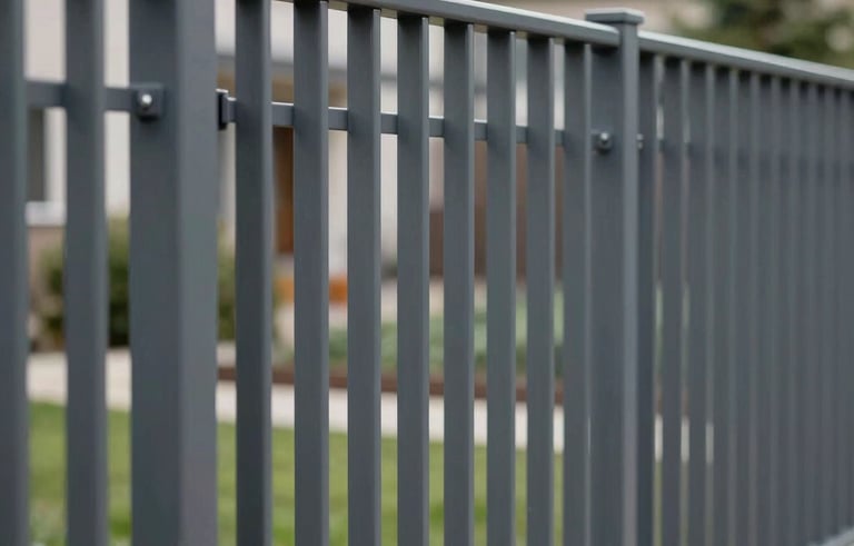 A close-up photograph of a modern grey metal segment fence being installed in a Northern European residential area. The lighting is crisp and natural, highlighting the technical precision and clean lines of the construction. Professional and reliable mood with a neutral color palette including dark grey and surrounding greenery.