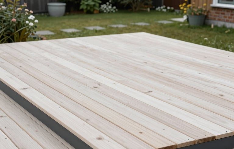 A wide shot of a minimalist wooden terrace built with high-quality pine, overlooking a tidy Lithuanian backyard. The composition is clean and architectural, emphasizing technical precision. Soft daylight, professional construction style, featuring white and natural wood tones with dark grey accents.