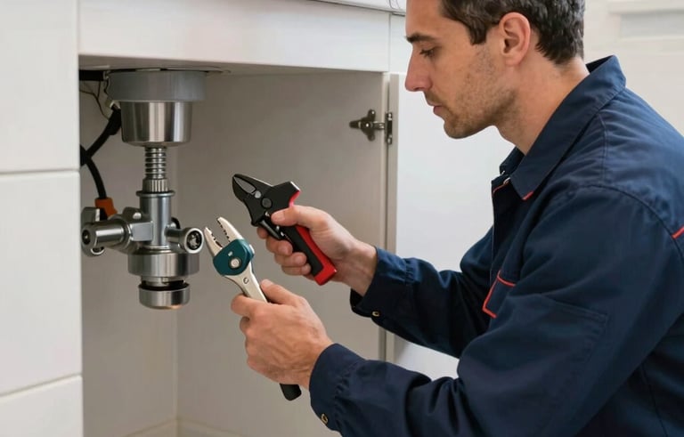 A professional plumber in a clean navy blue uniform inspecting a bathroom drainage system. The setting is a contemporary Southern European / Spanish apartment. The lighting is bright, and the plumber is using professional tools, showing expertise.