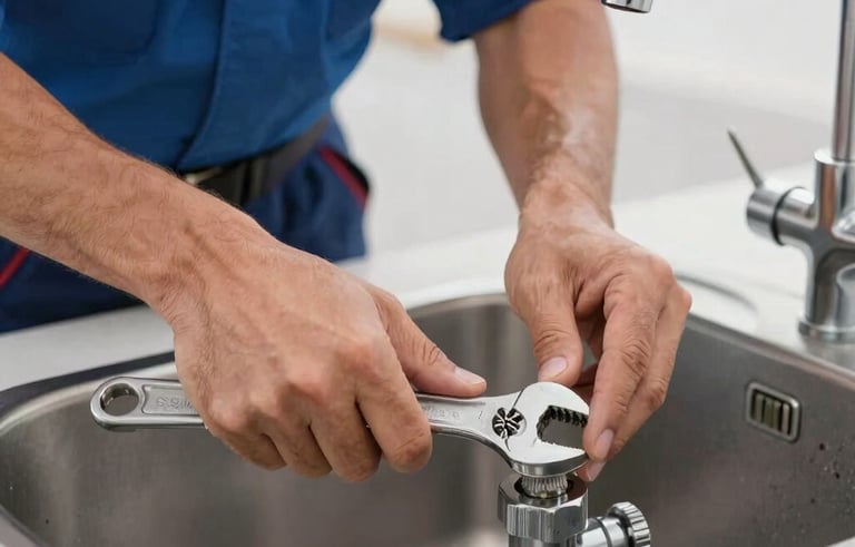 Photography of a professional plumber's hands using a wrench to tighten a chrome pipe under a modern sink. The scene is bright and clean, set in a Southern European / Spanish kitchen. Brand colors of sky blue and navy blue are subtly present in the background and on the plumber's sleeve.