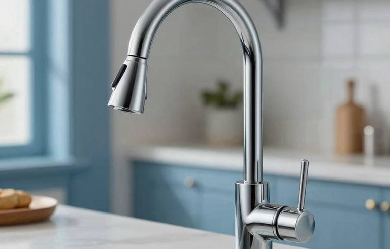 Detailed shot of a sleek, modern chrome kitchen faucet being installed. Professional lighting highlights the polished surface. The background is a clean Spanish home interior with soft blue accents, conveying a sense of reliability and modern style.