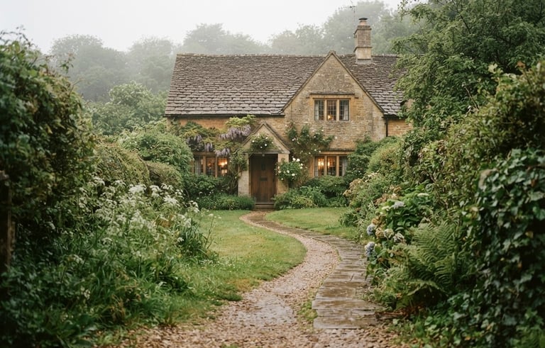 A misty gravel path leading to an old stone cottage in the Cotswolds, overcast sky, muted green foliage