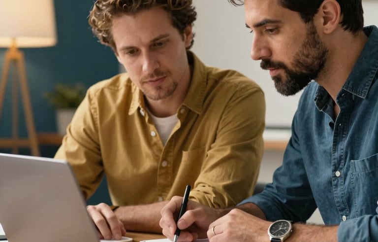A close-up of a one-on-one mentorship session in a professional Brazilian studio. Two adults are collaborating over a project, with a laptop and notebooks open. The lighting is warm and inviting, using a palette of gold and steel blue accents in a modern setting.