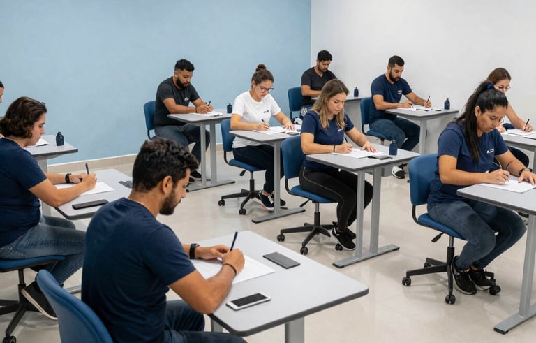 Wide shot of a professional group training seminar in a modern Brazilian educational facility. People are engaged in a practical workshop activity around sleek tables. The design is clean with light blue and steel blue tones, conveying reliability and high quality.