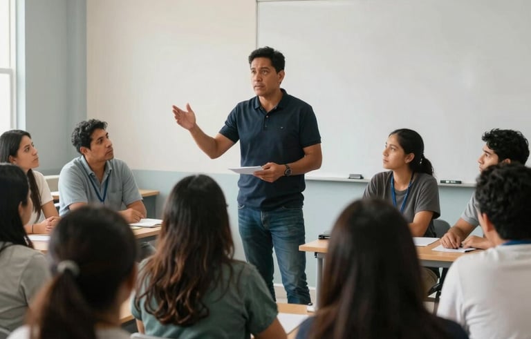 Photography of a modern South American educational workshop environment. A professional instructor is explaining a concept to an attentive group of adults in a bright room. The background features off-white walls and light blue-grey accents. Natural soft lighting creates a clear, professional atmosphere.