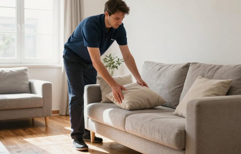A bright, sunlit Southern European residential living room with polished wooden floors and minimalist furniture. A professional cleaner in a discreet navy blue polo shirt is neatly arranging cushions on a sofa. The atmosphere is fresh and clean, with soft natural light.