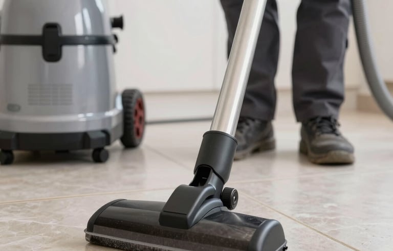 Close-up of a professional cleaning specialist in a Southern European home using a high-tech steam cleaner on a tiled floor. The focus is on the precision of the work and the professional grade equipment used for deep sanitization.